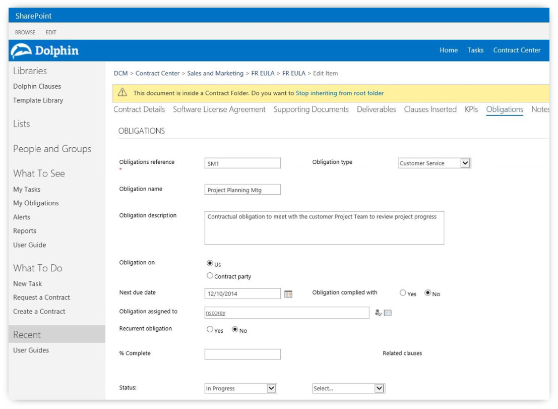 screenshot of Contract Obligations Management tool